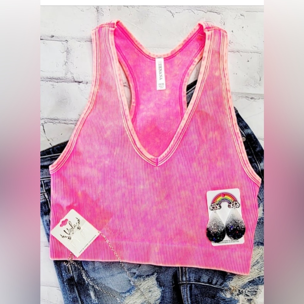Zenana Ribbed Neon Coral Fuchsia Razer Back Crop Tank New size 1X